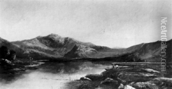 A Loch Landscape With Anglers On A Bank Oil Painting - Charles Leslie