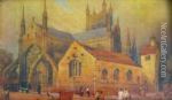 Worcester Cathedral, 4.5ins X 7.5ins Oil Painting - Thomas Baker Of Leamington
