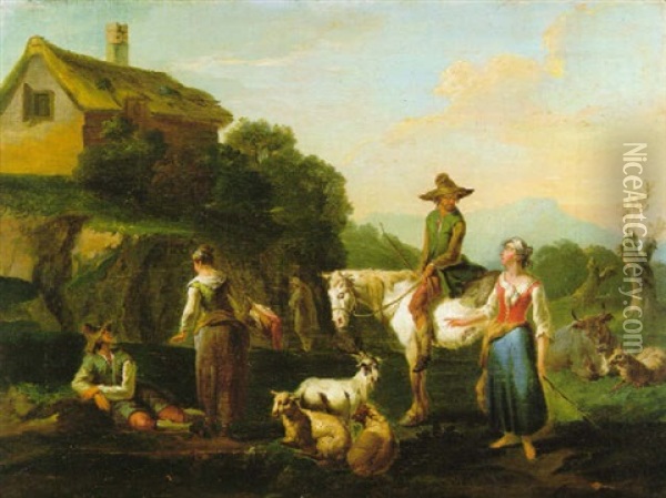 Paisaje Con Campesinos Y Cabras Oil Painting - Joseph Roos