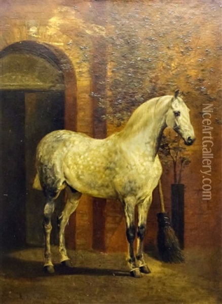 Portrait Of A Dappled Grey Horse And Portrait Of A Woman Riding Side Saddle On A Grey Horse (2 Works) Oil Painting - Alfred Frank