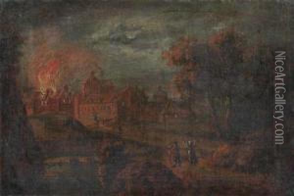 Nachtliche Feuersbrunst. Oil Painting - Egbert van der Poel
