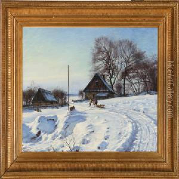 Winter Landscape With Houses At A Village Road Oil Painting - Sigvard Hansen