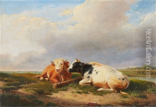 A River Landscape With Two Cows Lying Down Oil Painting - Mary Louisa Jolling