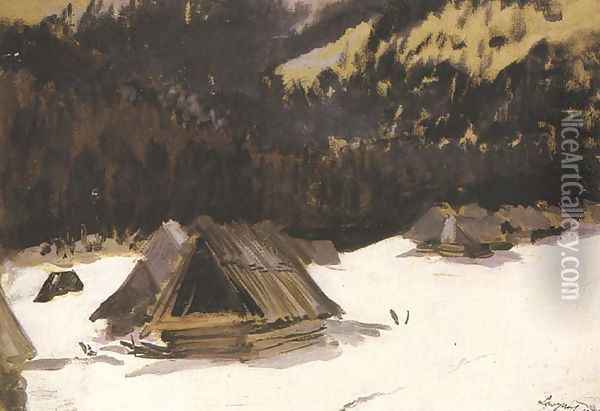 Huts in Snow Oil Painting - Leon Wyczolkowski