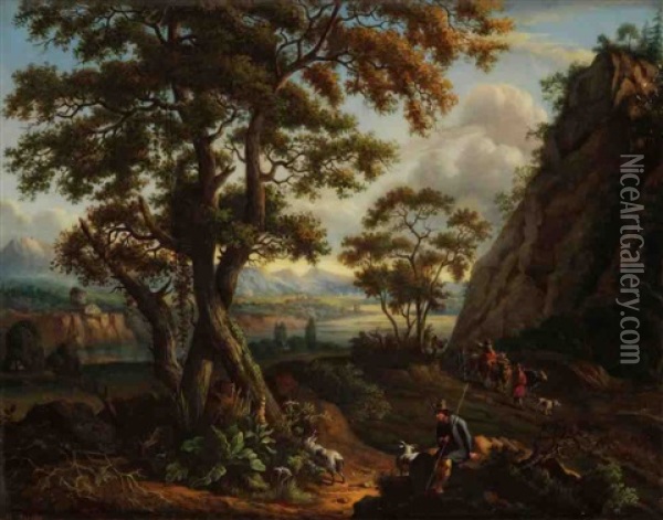 Scene Pastorale (in The Manner Of Nicolas Berchem) Oil Painting - Louis Pierre Schilt