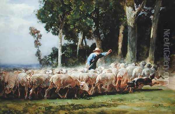 A Shepherd with a Flock of Sheep Oil Painting - Charles Emile Jacques