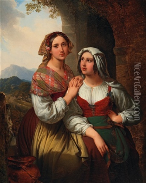 Two Italian Girls In An Open Landscape Oil Painting - Karl von Blaas