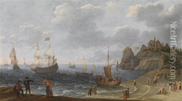 Kustenlandschaft Mit Fischern Beim Anlanden Des Fangs Oil Painting - Isaac Willaerts