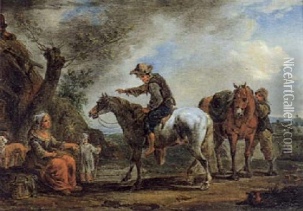 Rastende Reiter Und Eine Frau Am Wegesrand Oil Painting - August Querfurt