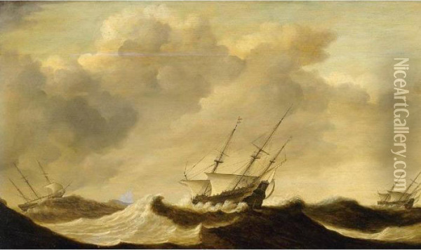 Ships On A Stormy Sea Oil Painting - Claes Claesz. Wou