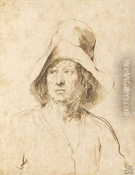 A man in a hat looking to the left, bust-length Oil Painting - Giovanni Francesco Barbieri