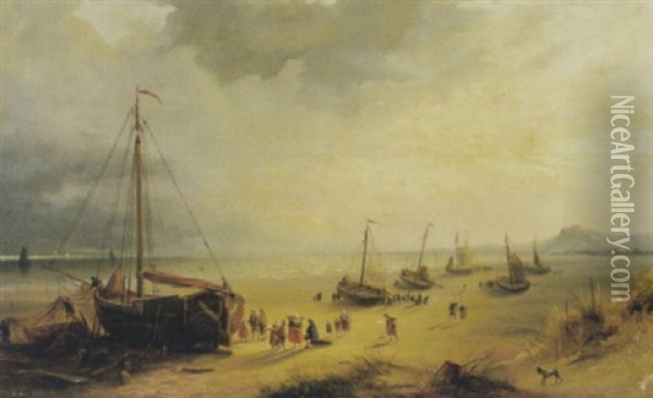 Strandgezicht Met Bomschuiten Op Het Strand Oil Painting - Cornelis Lieste