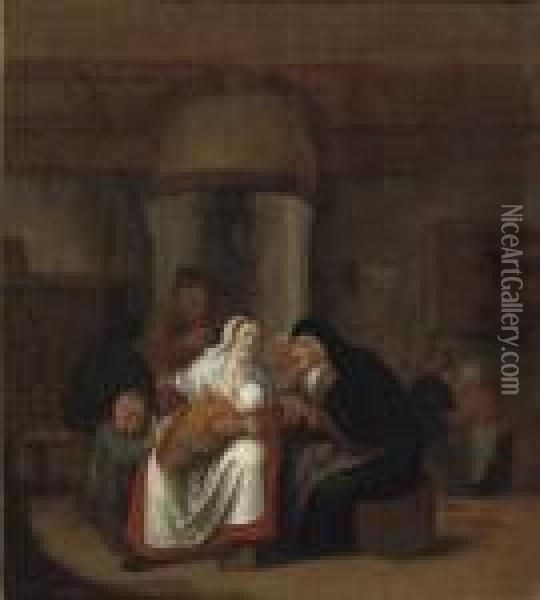 A Woman Holding A Child In An 
Interior, An Old Woman Sitting Next To Her And Other Figures In The 
Background Oil Painting - Jan Miense Molenaer