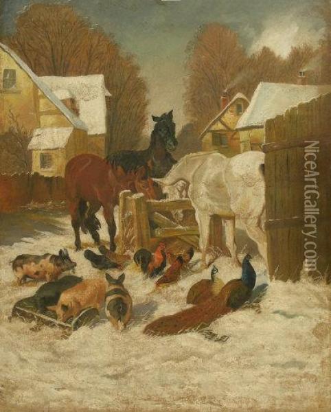 Winter Farmyard Scene Oil Painting - John Frederick Herring Snr