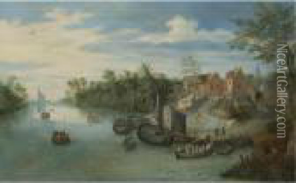A River Landscape With Boats Moored By A Village Oil Painting - Jan Brueghel the Younger