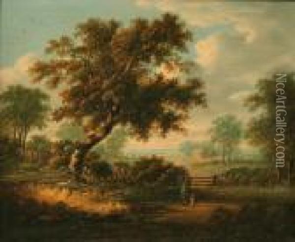 Landscape With Gentleman And Child Looking Through A Gate Towards A Farmstead Oil Painting - Patrick, Peter Nasmyth