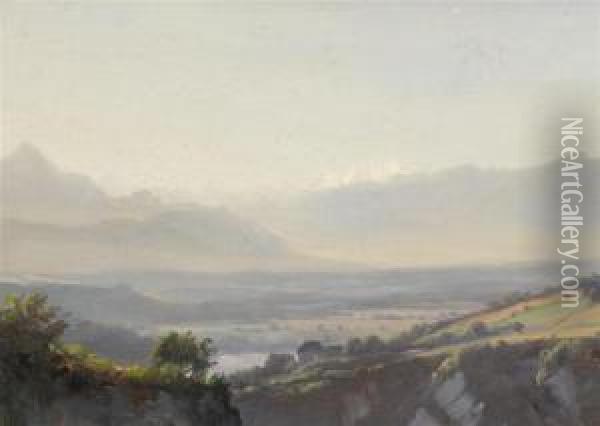 Landscape With A Chain Of Mountains In Background Oil Painting - Jean Philippe George-Juillard