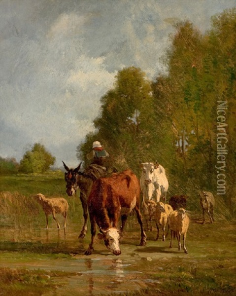 Vieh An Der Tranke Oil Painting - Carl Rudolph Huber