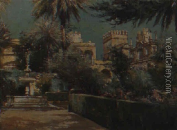 Jardines Del Alcazar De Sevilla Oil Painting - Manuel Garcia y Rodriguez