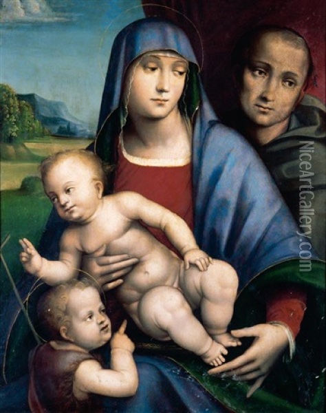 The Madonna And Child With The Infant Saint John The Baptist And A Male Saint, Probably Saint Francis (collab. With His Son Giacomo Francia) Oil Painting - Francesco Francia