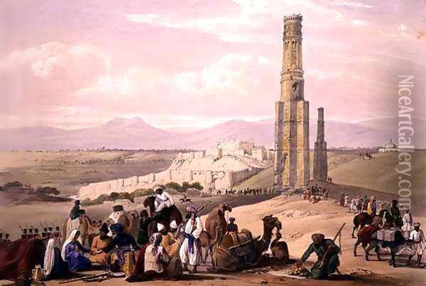 The Fortress and Citadel of Ghunzee and The Two Minars, from 'Sketches in Afghaunistan' Oil Painting - James Atkinson
