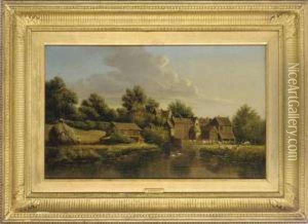 The Watermill; And Anglers On A Tranquil River Oil Painting - Anthony Sandys