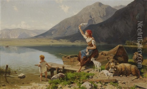 Greetings Over The Lake Oil Painting - Adolf Ernst Meissner