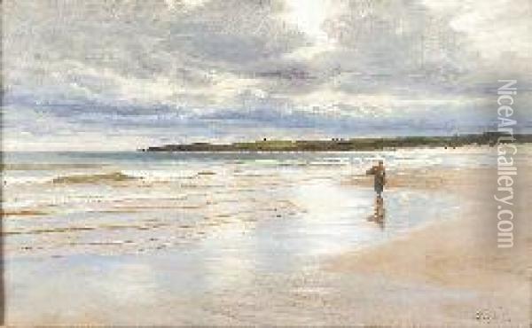 Fisherwoman On A Deserted Sandy Beach Oil Painting - Joseph Farquharson
