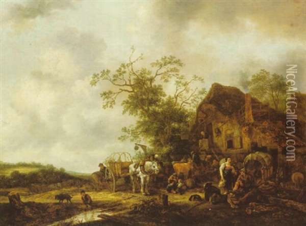 A Waggoner And Other Figures Halted At An Inn Oil Painting - Isaac Van Ostade