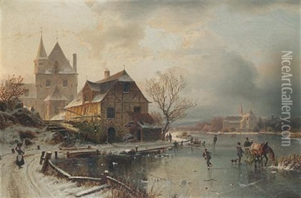 Figures Skating On A Frozen Lake Oil Painting - Johannes Bartholomaeus Duntze