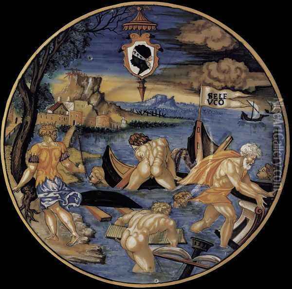 Plate with the Sinking of the Fleet of Seleucus 1532 Oil Painting - Francesco Xanto Avelli