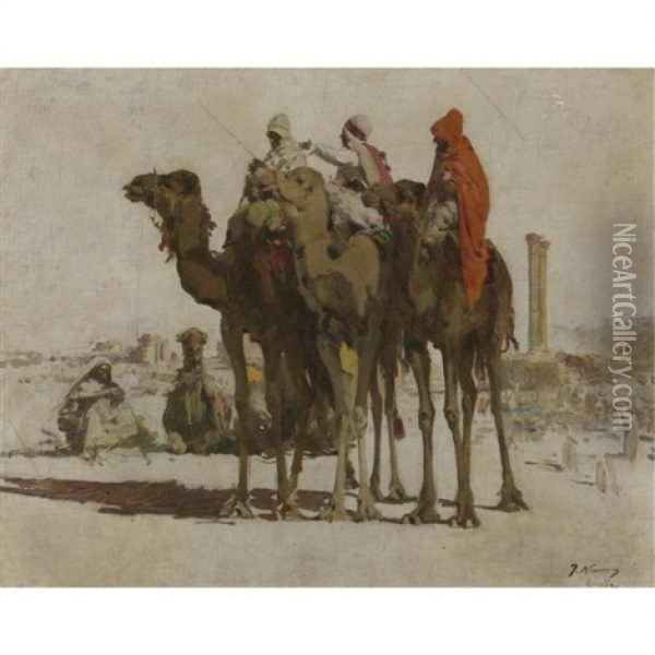 A Caravan In The Desert, Algeria Oil Painting - Jose Navarro Llorens