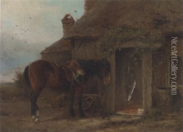 A Pony Before A Cottage Oil Painting - William Gosling