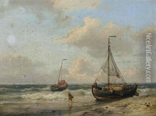 Fishing Boats At Low Tide Oil Painting - Hermanus Koekkoek
