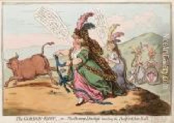 The Gordon-knot, Or The Bonny-duchess Hunting The Bedfordshire Bull Oil Painting - James Gillray
