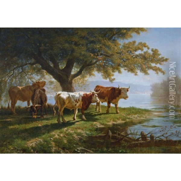 Kuhherde Am Sonnigen Ufer Des Genfersees Oil Painting - Charles (Jean-Ch. Ferdinand) Humbert