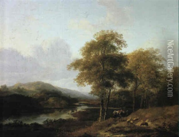 River Landscape With Figures Oil Painting - Barend Cornelis Koekkoek