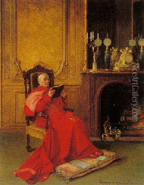 A Cardinal Reading By A Fire Oil Painting - Georges Croegaert
