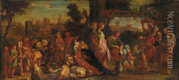 The Death Of Ananias And Sapphira With The Washing Of Peter's Feet (?) Oil Painting - Charles Le Brun