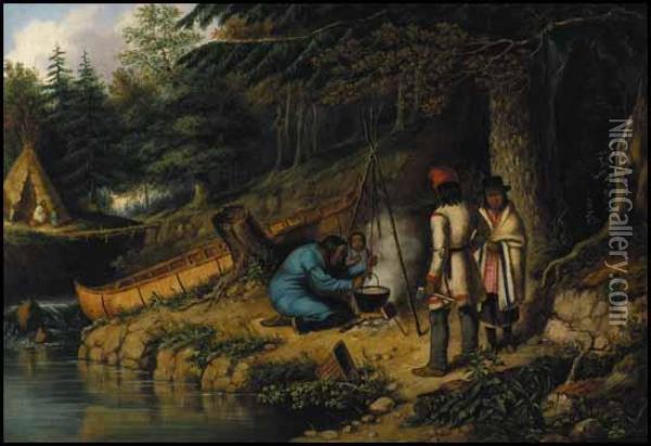 A Caughnawaga Indian Encampment Oil Painting - Cornelius Krieghoff