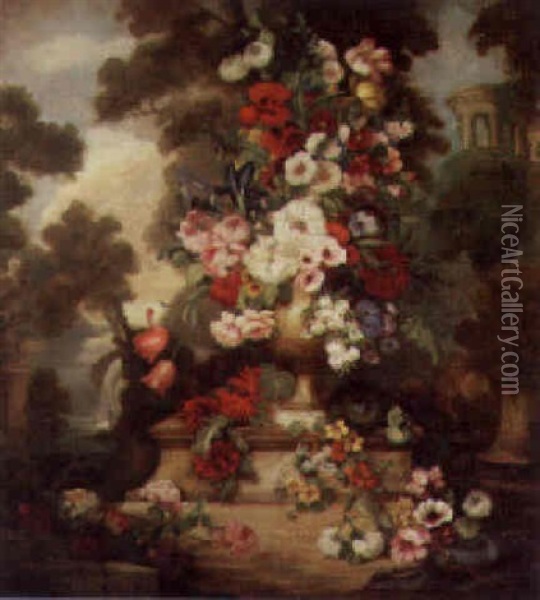 An Urn Of Mixed Summer Flowers On A Plinth In A Formal Garden Oil Painting - Anatole Louis Toussaint