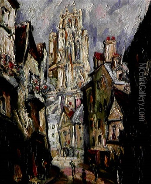 Rue De L'epicerie Et La Cathedrale Oil Painting - Pierre Dumont