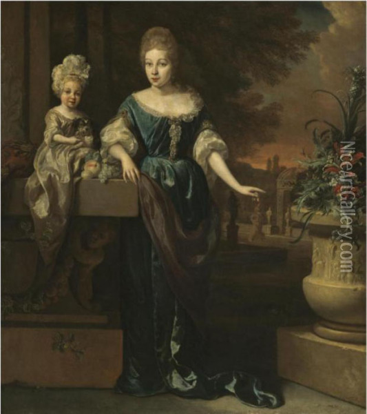 Portrait Of A Mother And Child 
On A Garden Terrace, Standing Besidean Urn Filled With Flowers Oil Painting - Jan Weenix