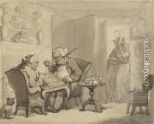 Two Gentlemen Playing Backgammon In An Interior, A Pair Of Lovers In The Doorway Oil Painting - Thomas Rowlandson