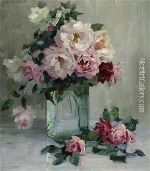 Red And White Roses In A Square Glass Vase Oil Painting - Alexander Max Koester