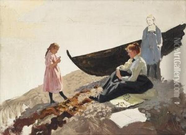 Studie Av Kvinner Og Barn Pa Strand Oil Painting - Hans Dahl