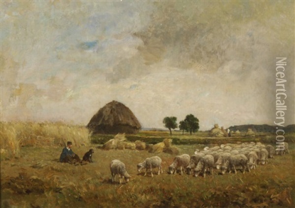 A Shepherd And His Flock In A Meadow Oil Painting - Felix Saturnin Brissot de Warville