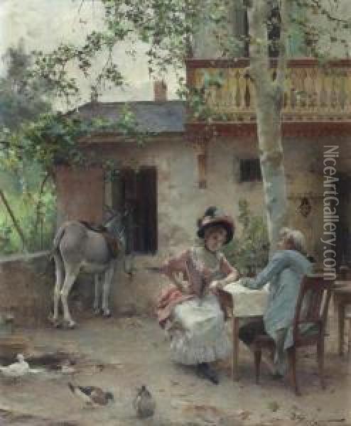 Gesprach Im Garten Mit Esel Im Hintergrund. Oil Painting - Auguste Emile Pinchart