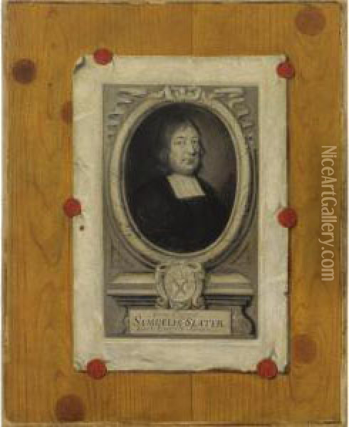 An Engraved Portrait Of Samuel Slater Attached To A Panelled Wall With Red Laquer Oil Painting - Edwart Collier