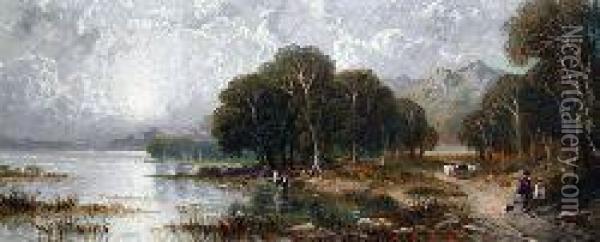 Figures And Animals By The Lochside Oil Painting - John Linnell